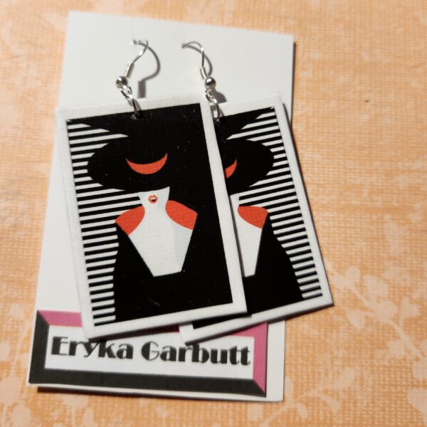 Dangle earrings, Art Deco lady with black hat