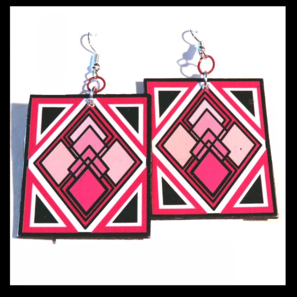 Dangle style earrings. Original Art Deco design in red, white, pink & black