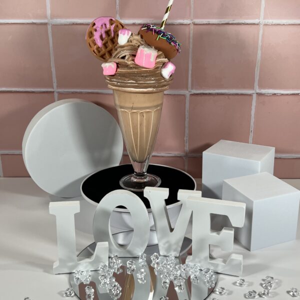 Faux Coffee Milkshake Display with Irresistible Toppings – Chocolate Donut, Waffle, and Marshmallows, Exclusively for Decor Enthusiasts