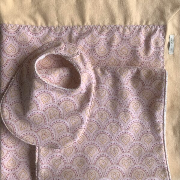 100% cotton bunny rug and matching bib and burp cloth