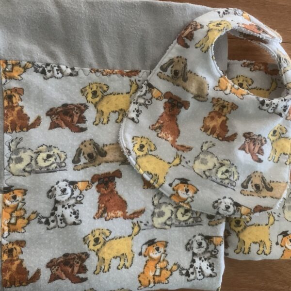 Doggie print bunny rug and matching bib and burp cloth