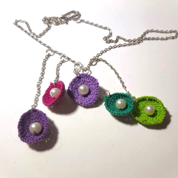 Pearls and silver necklace. Micro-crochet necklace, crochet discs, 5 colors with pearls, silver chain, and silver hook. Light & easy to wear