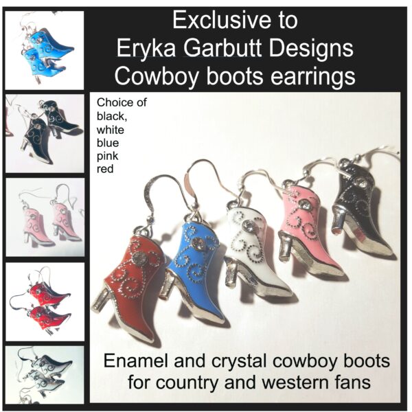 Dangle cowboy boot earrings, enamel and crystals