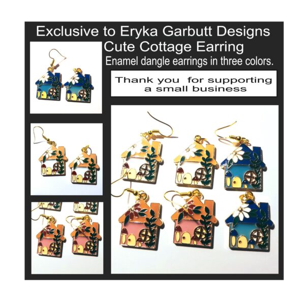 Cute cottage dangle earrings, enamel with gold hooks earrings