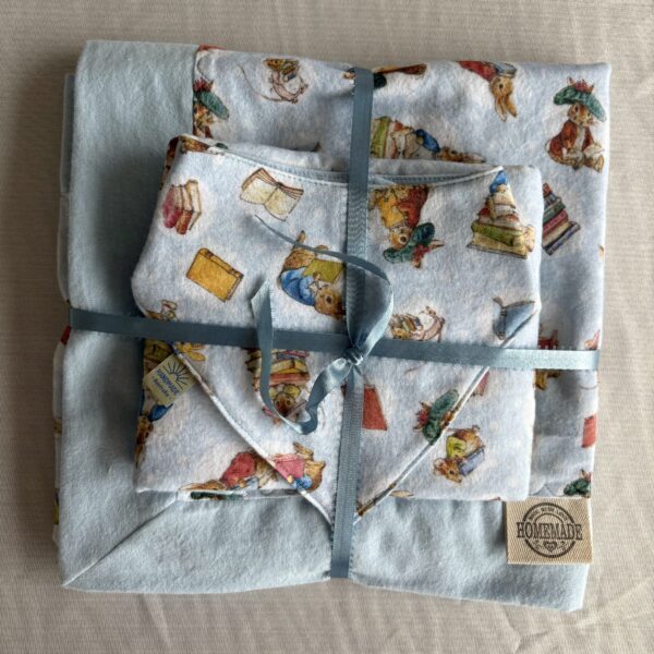 Peter rabbit print Flanelette bunny rug, burp cloth and bib set